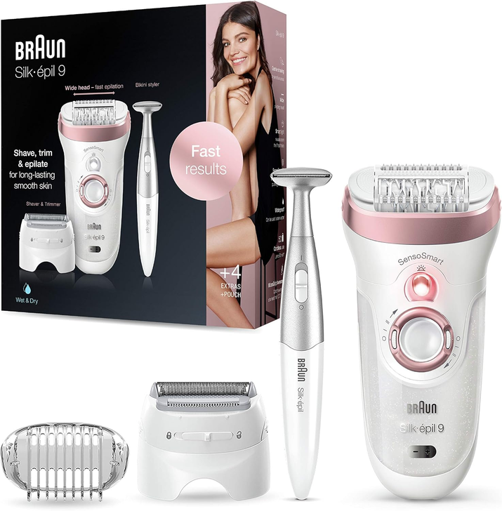 
Braun Ses 9890,Braun Silk-Epil 9890 Sensosmart - Wet & Dry Epilator With 4 Extras Incl. Trimmer + Pouch, White,