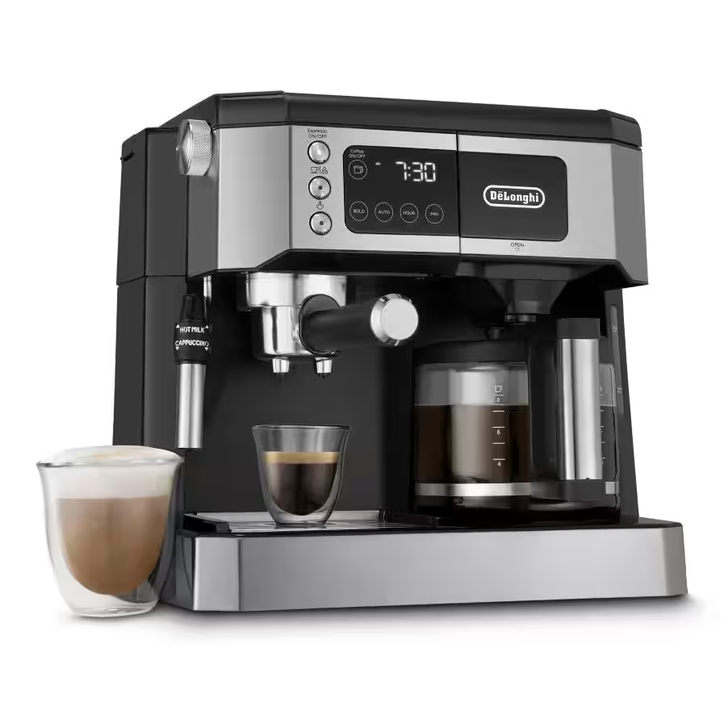 Delonghi Combination Pump Espresso & Drip Coffee COM532 :  Dual Heating System allows you to brew coffee and espresso simultaneously
A machine that multi-tasks: enjoy espresso, coffee, and lattes.
Italian 15 Bar Pressure Pump for an authentic espresso experience.
Use Steam Wand to froth milk and treat yourself to authentic cappuccinos and lattes.
24-hour Programmable Digital Timer and Digital Touchscreen.
Bold setting for richer coffee taste and aroma.
Spill Proof Carafe for simple pouring with no mess.